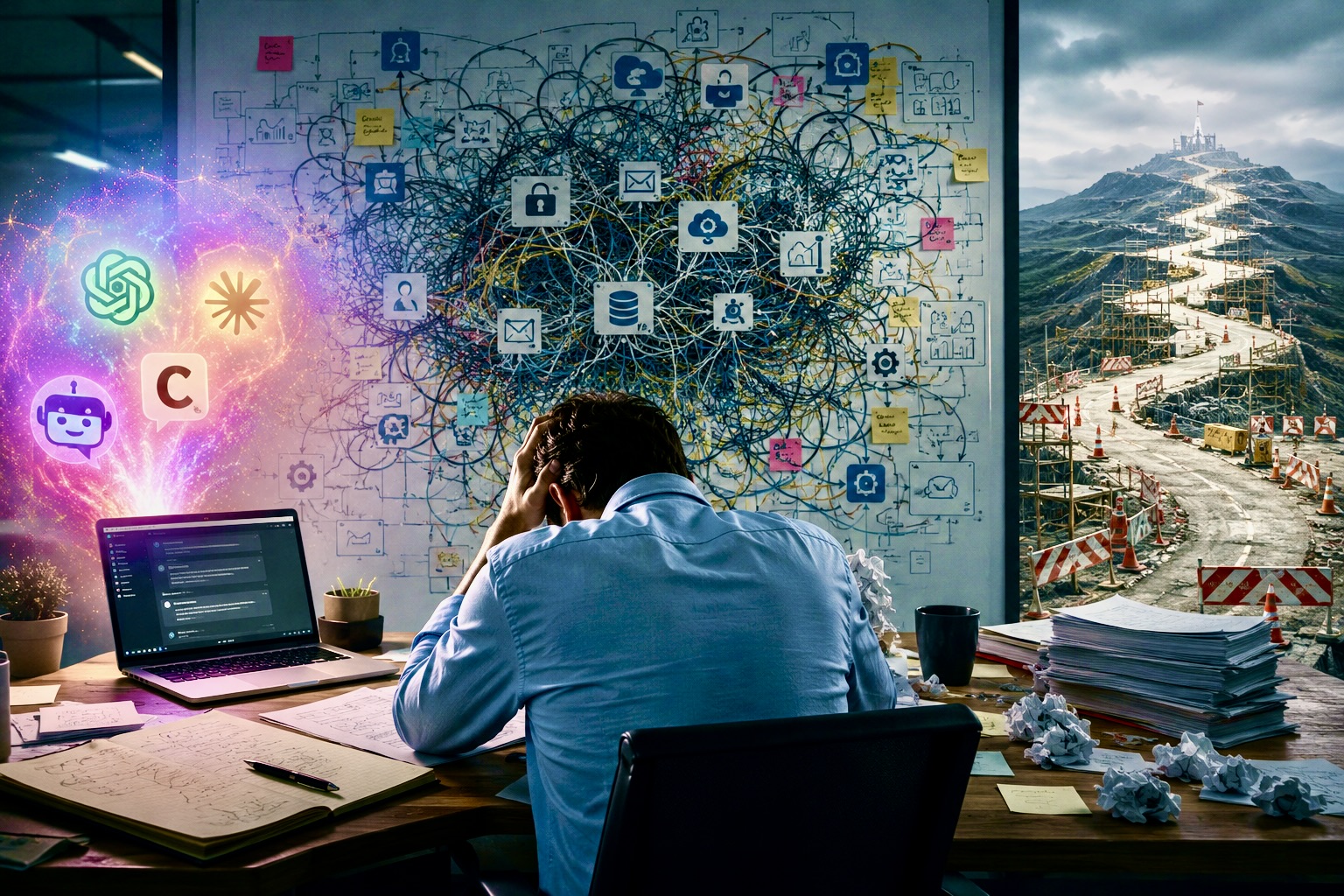 A business team overwhelmed by the complexity of turning AI demos into production systems