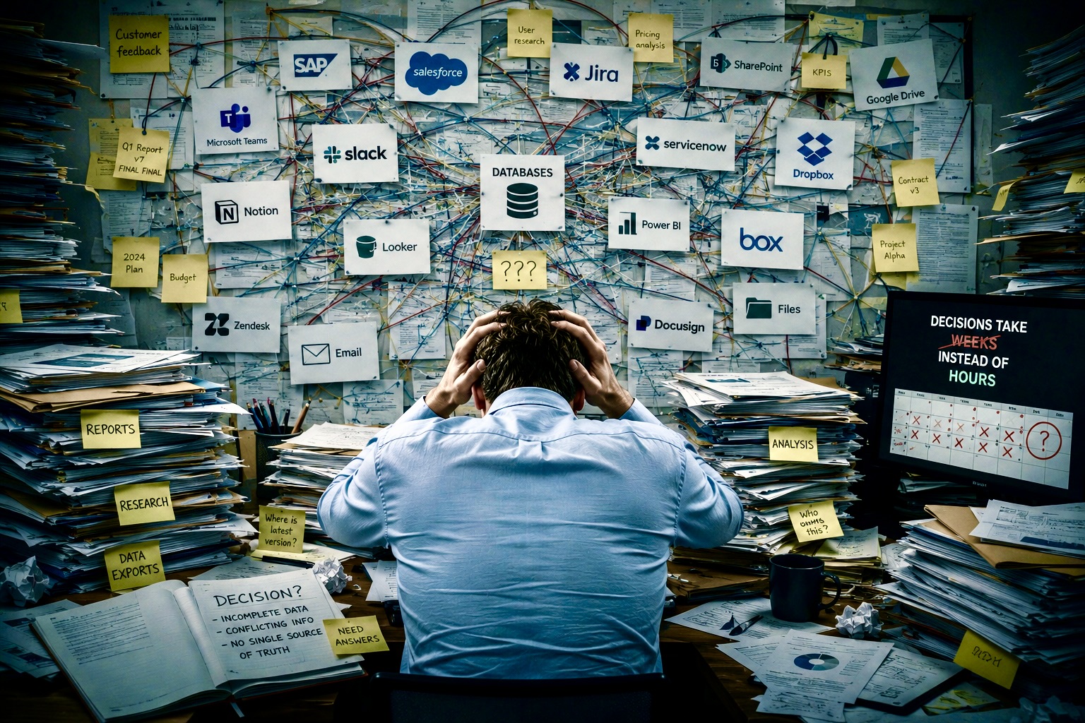A stressed worker surrounded by tangled app logos and scattered company data