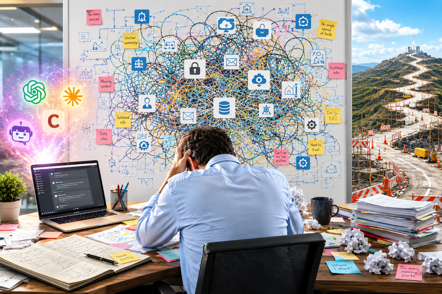 A stressed worker surrounded by tangled app logos and scattered company data